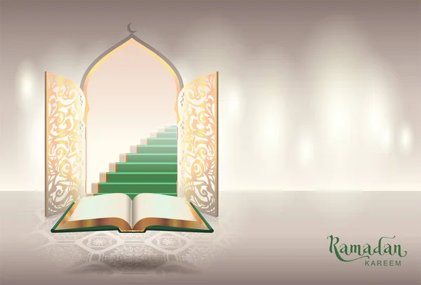 Ramadam カリーム テキスト グリーティング カード。コーランと楽園への玄関口の開いた本 — ストックベクタ