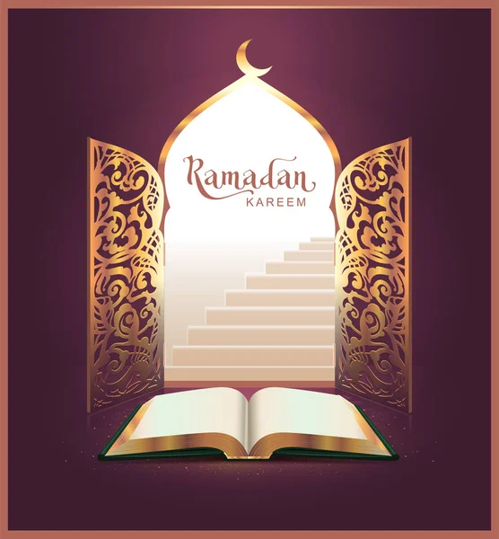 Ramadan kareem Schriftzug Text und offenes Buch, Tür — Stockvektor