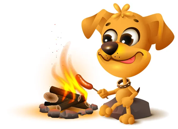 Leuke gele hond frietjes worst op het vuur spel — Stockvector