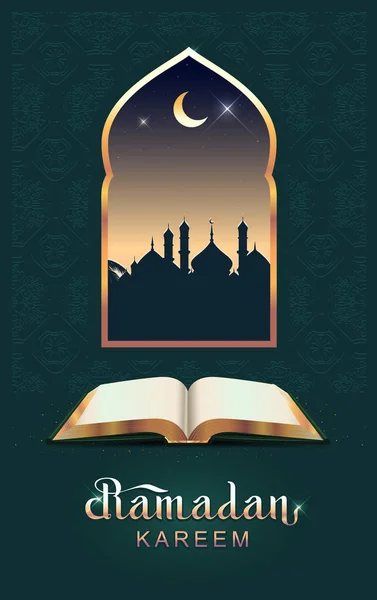 Ramadan kareem nyitott könyv a korán és a Hold — Stock Vector