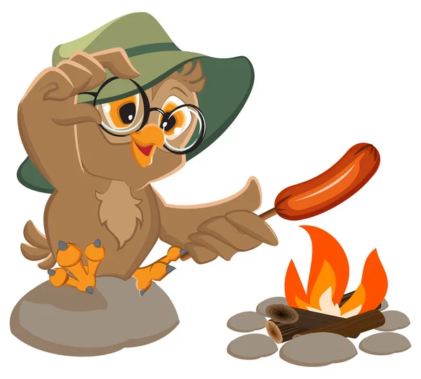 Piknik sova scout smažení klobása v plamenech — Stockový vektor