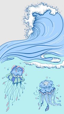 Köpük kap ile mavi yüksek dalga. Denizde iki denizanası