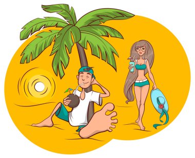 Beach Tatil. Genç adam ve kadın tropik adada ferahlatıcı kokteyl içiyorsun