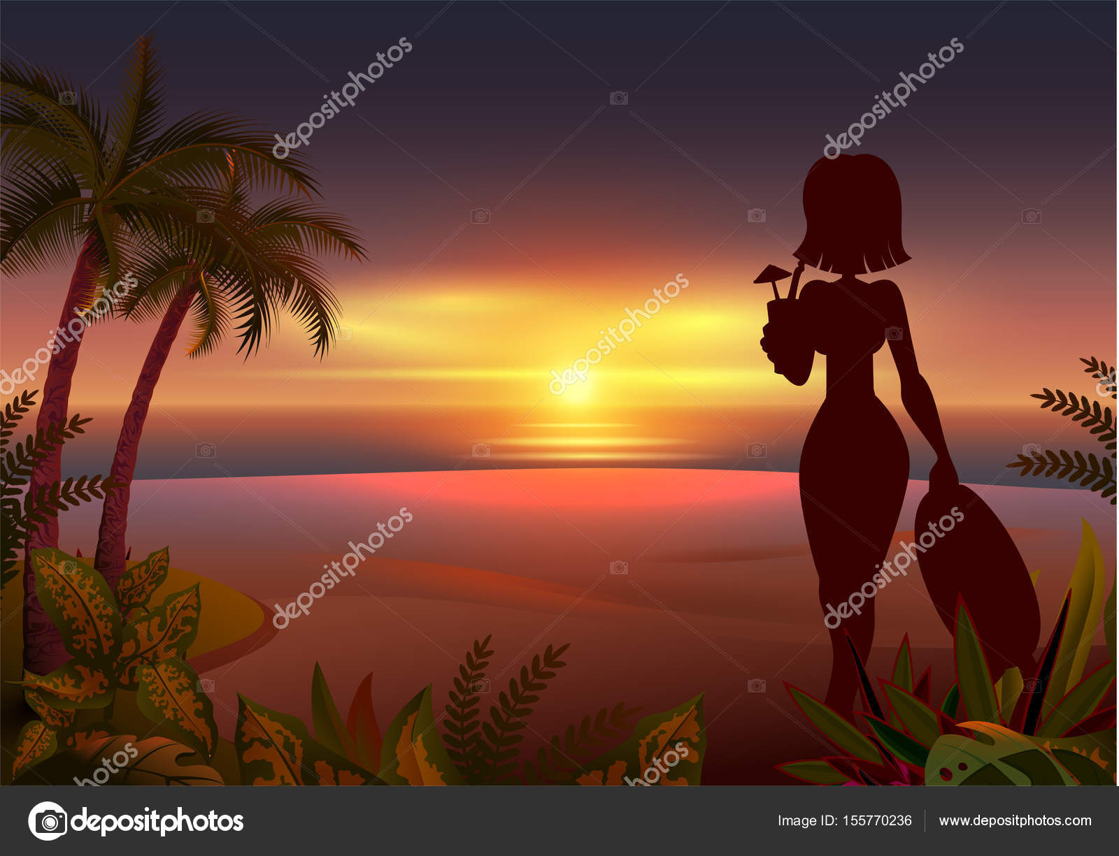 Coucher De Soleil Plage Tropicale Silhouette De Belle Jeune