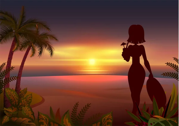Spiaggia tropicale al tramonto. Bella giovane donna silhouette bere cocktail — Vettoriale Stock