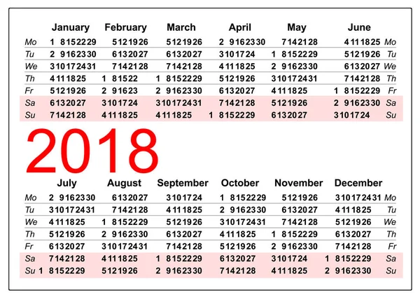 Kieszonkowy kalendarz 2018 siatki szablonu — Wektor stockowy