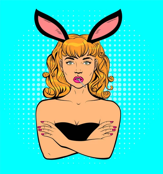Belle jeune femme aux oreilles de lapin tenant la bouche pleine de sucette — Image vectorielle