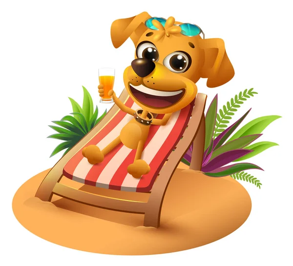Καλοκαιρινές διακοπές στην παραλία. Κίτρινο σκυλί βρίσκεται στην ξαπλώστρα και κατέχει χυμό πορτοκαλιού — Διανυσματικό Αρχείο