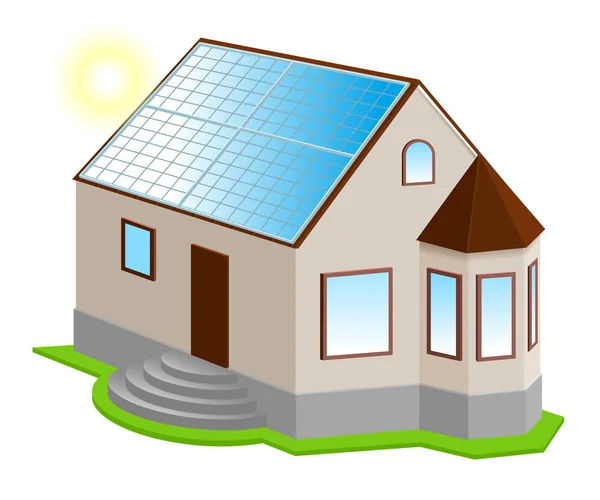 Pannello solare sul tetto. Nuova casa privata 3d con finestra a golfo — Vettoriale Stock