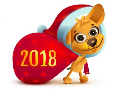 Sarı bir köpek yıl 2018 sembolü. Komik Noel Baba köpek hediyeler büyük çanta taşır