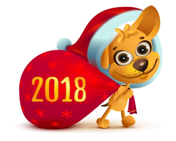 Gelbes Hundesymbol des Jahres 2018. lustiger Weihnachtsmann trägt große Tüte voller Geschenke — Stockvektor