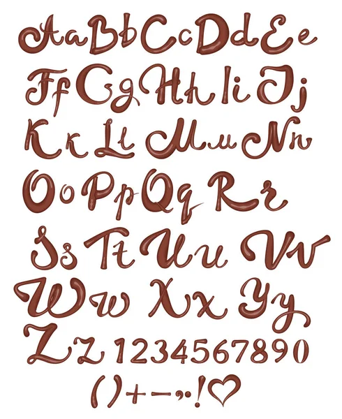Schokolade englisches Alphabet. Braune handgeschriebene Buchstaben und Zahlen auf weißem Hintergrund — Stockvektor