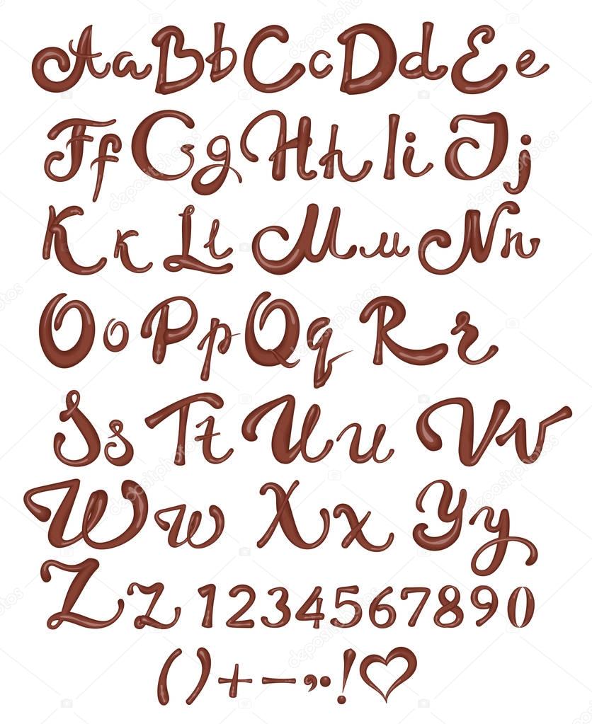 Chocolate English alphabet. Brown handwritten letters and numbers on white background