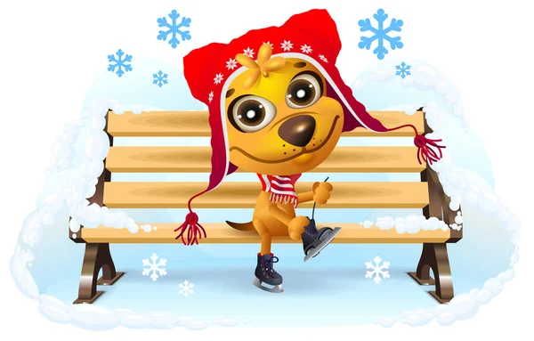 Gele hond zet op de schaats. Wintervakantie — Stockvector