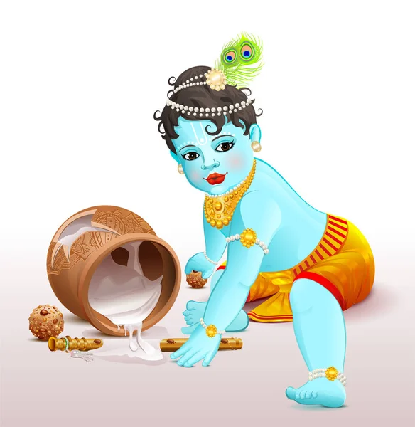 Lyckliga Krishna Janmashtami. Blå pojke Gud bröt potten med yoghurt — Stock vektor
