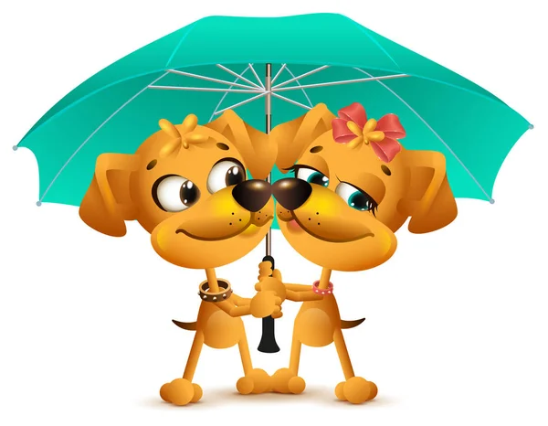 Amarelo cão amoroso casal segurando um guarda-chuva — Vetor de Stock