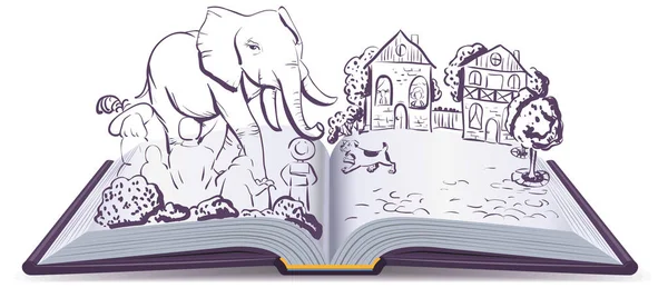 Fil ve Pug hikaye. Resimde açık masal kitabı