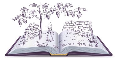 Fox ve üzüm. Açık kitap masal illüstrasyon