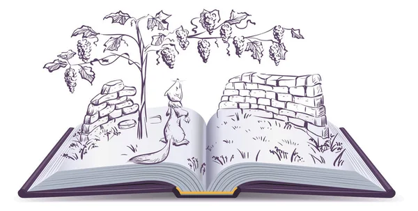 Fox ve üzüm. Açık kitap masal illüstrasyon