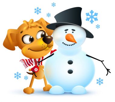 Sarı bir köpek yıl 2018 sembolü. Kış tatil yapma kardan adam
