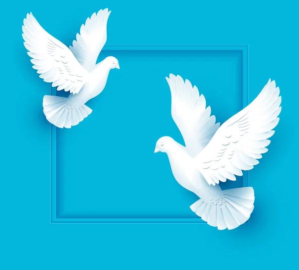 Duas pombas brancas voam no fundo azul — Vetor de Stock