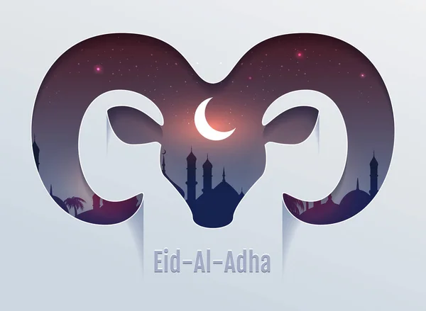 Ид аль-Адха Праздник жертвоприношения. Голова барана силуэт, минарет и луна в ночном небе — стоковый вектор