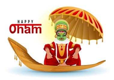 Happy Onam greeting card. Hindu festival of Kerala in India. Mahabali king returns swimming on boat clipart