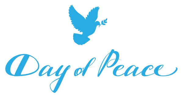 Dia da Paz lettering texto para cartão de saudação. Pomba azul com símbolo de ramo de paz — Vetor de Stock