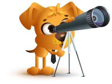 Sarı eğlenceli köpek teleskopla bakarak öğretmen. Astronomi dersi