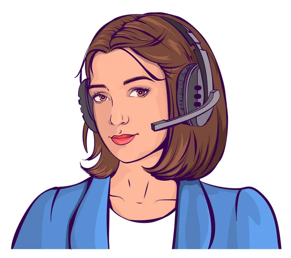 Servicio de apoyo. Hermosa cabeza de mujer joven en auriculares — Vector de stock