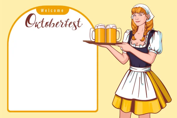 Bella giovane donna cameriere che tiene vassoio con birra. Benvenuti Oktoberfest Festival tedesco della birra — Vettoriale Stock