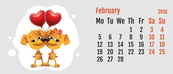 2018 año de perro amarillo en el calendario chino. Amor de pareja de perros. Calendario cuadrícula mes febrero — Archivo Imágenes Vectoriales
