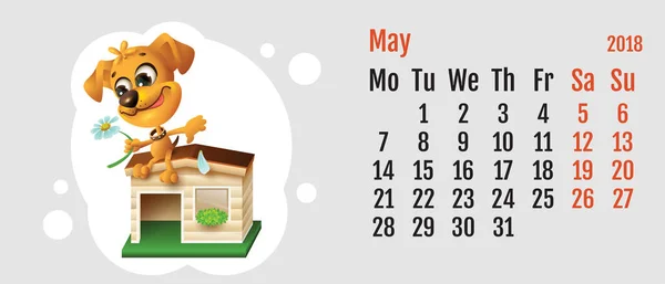 2018 års gula hund på kinesiska kalendern. Kul hund spådomar på kamomill. Grid kalendermånad maj — Stock vektor