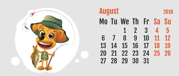 2018 year of yellow dog on Chinese calendar. Fun dog fisherman. Calendar grid month August — Stock Vector