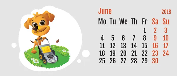 2018 anno del cane giallo sul calendario cinese. Divertente tosaerba per cani. Calendario griglia mese giugno — Vettoriale Stock