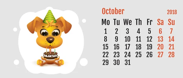 2018 year of yellow dog on Chinese calendar. Fun dog holding cake. Calendar grid month October — Stock Vector
