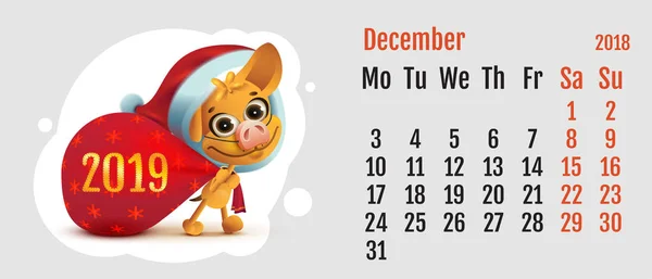 2018 año de perro amarillo en el calendario chino. Divertido perro de Santa lleva bolsa. Calendario cuadrícula mes diciembre — Archivo Imágenes Vectoriales