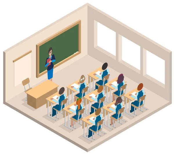 Classroom woman teacher and children. Isometric interior — Stock Vector