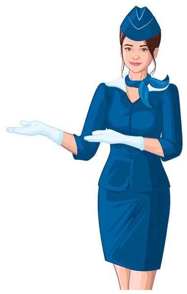 Azafata en uniforme azul muestra. Joven hermosa mujer en gorra y guantes blancos — Vector de stock