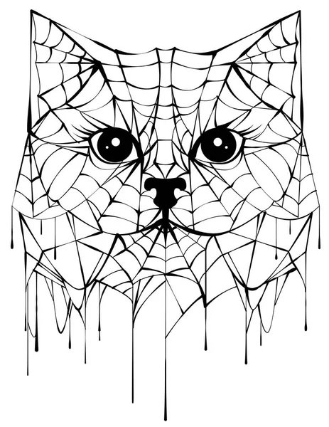 黑色蜘蛛网剪影头猫。万圣节配件 — 图库矢量图片