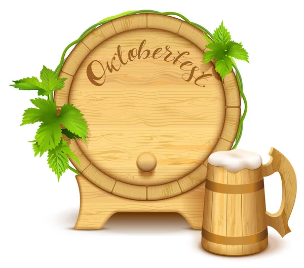 Barile di legno e boccale di birra in legno pieno. Oktoberfest testo scritto a mano — Vettoriale Stock
