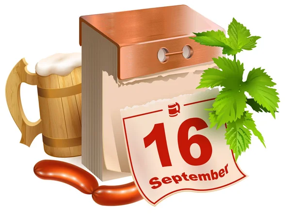 16 settembre 2017 Oktoberfest. Simboli della festa della birra tazza di birra in legno, foglie verdi luppolo, calendario a strappo, salsicce fritte — Vettoriale Stock