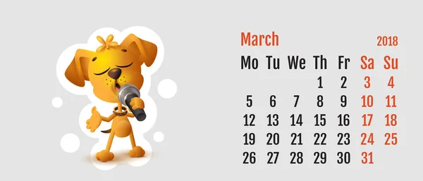 2018 año de perro amarillo en el calendario chino. Calendario cuadrícula mes de marzo. Amarillo perro cantando solo micrófono — Vector de stock