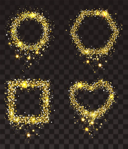 Guld stjärnor på transparent bakgrund. Uppsättning av stomme i guld stjärnor: rektangel, cirkel, hjärta form och hexagon — Stock vektor