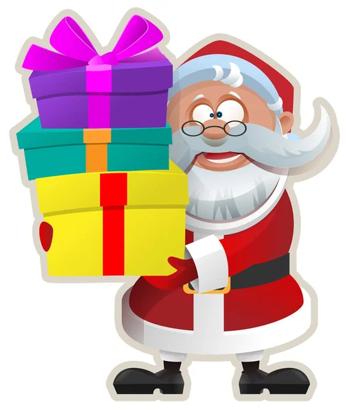 Babbo Natale divertente tiene scatola con regalo. Adesivo Natale — Vettoriale Stock