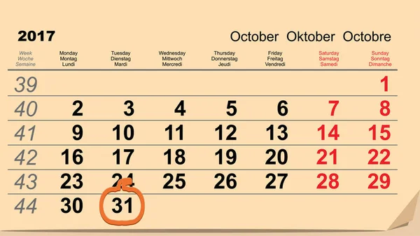 Halloween 31 oktober 2017. Kalender datum herinnering vorm pompoen lantaarn — Stockvector