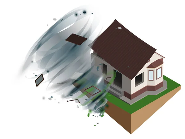 강한 바람이 태풍 하우스의 지붕 떨어져 찢 어. 홈 보험 — 스톡 벡터