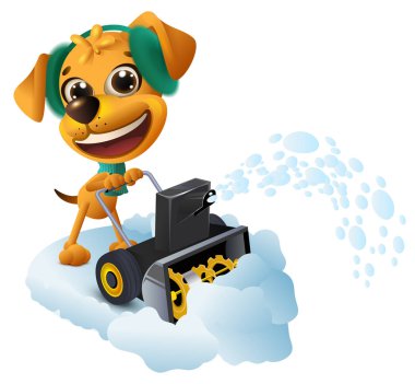 Kar temizleme. Sarı bir köpek kar kar makinesi kaldırma ile temizler