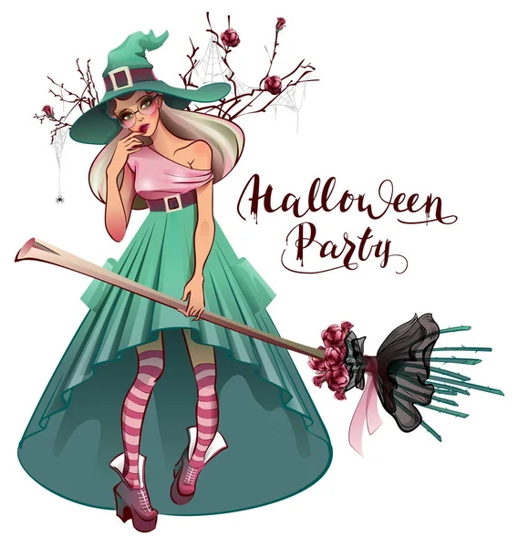 Cosplay vestido de moda para la fiesta de Halloween. Hermosa joven bruja con escoba — Vector de stock