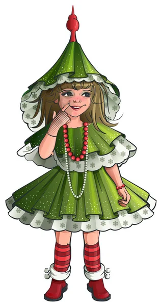 女孩新年服装绿色圣诞树 — 图库矢量图片